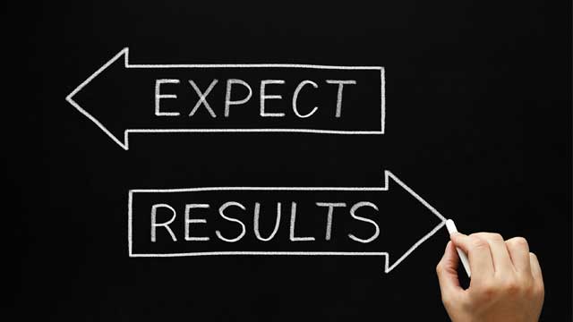 Hand drawing Results and Expectations concept with white chalk on a blackboard.